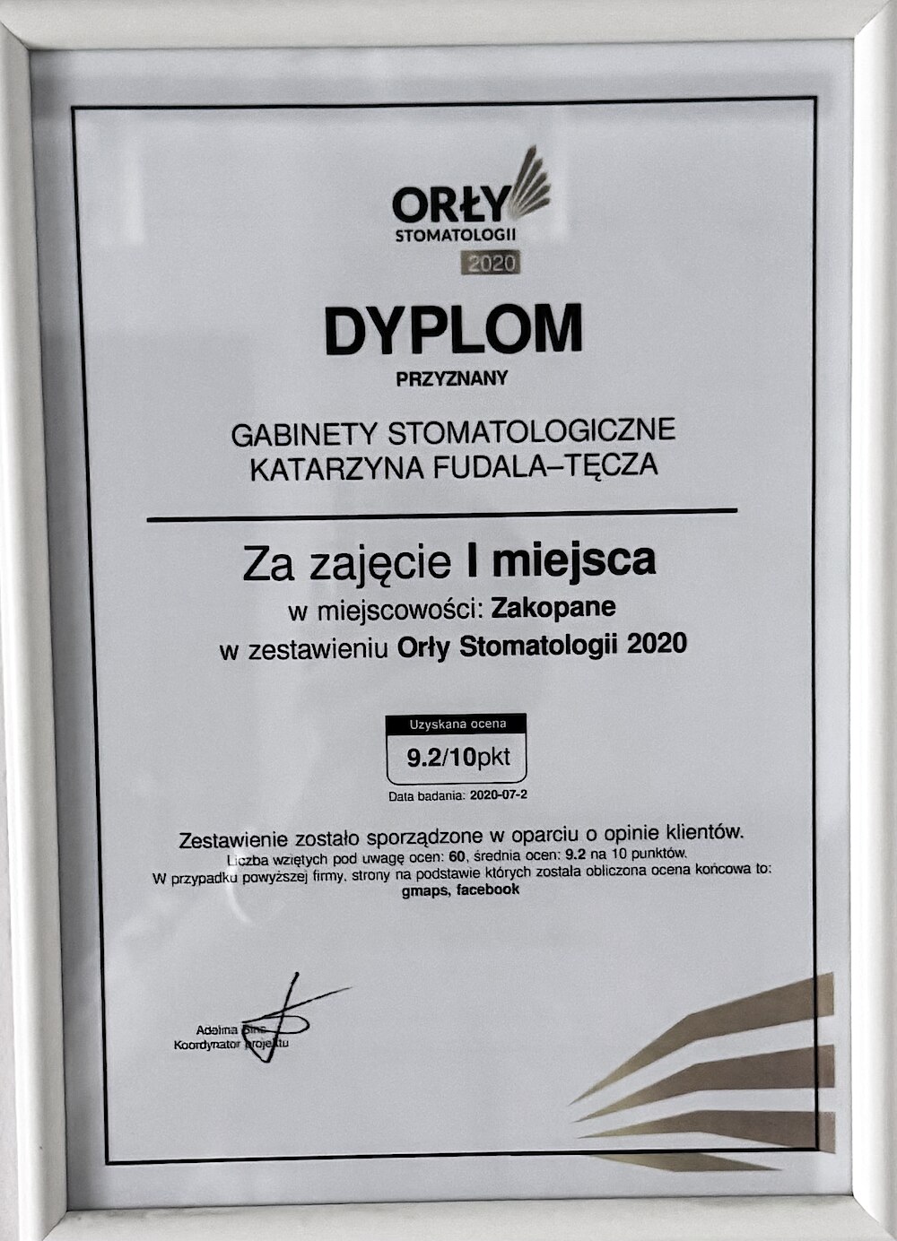 Dyplom Orły Stomatologii 2020 — I miejsce w Zakopanem