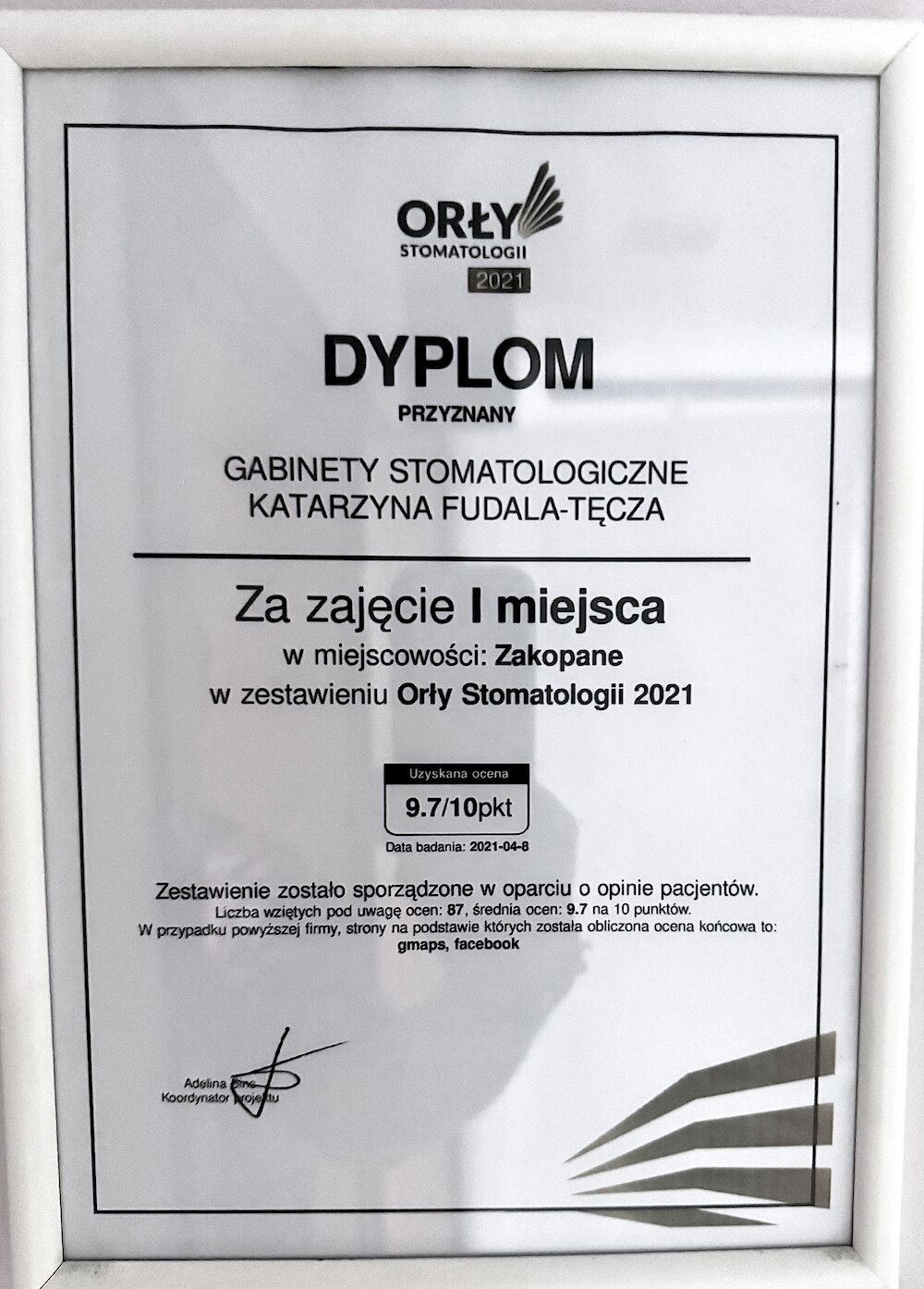 Dyplom Orły Stomatologii 2021 — I miejsce w Zakopanem