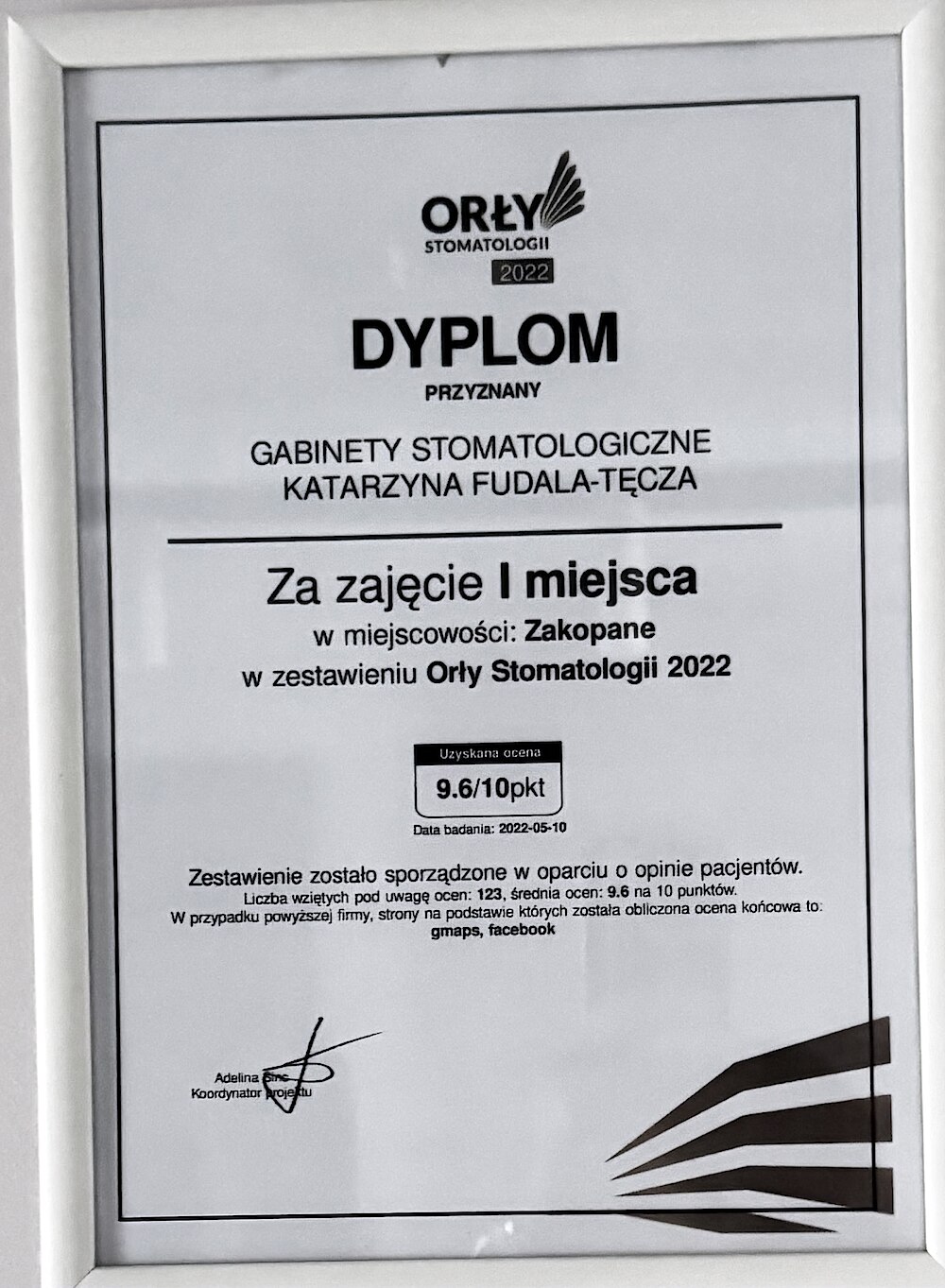 Dyplom Orły Stomatologii 2022 — I miejsce w Zakopanem