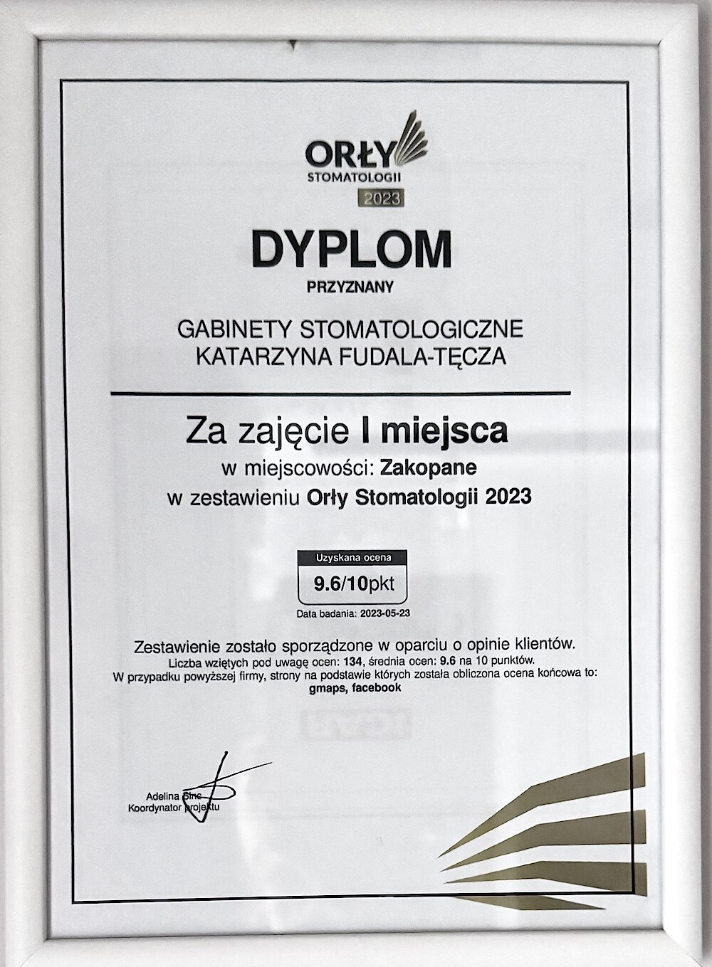 Dyplom Orły Stomatologii 2023 — I miejsce w Zakopanem