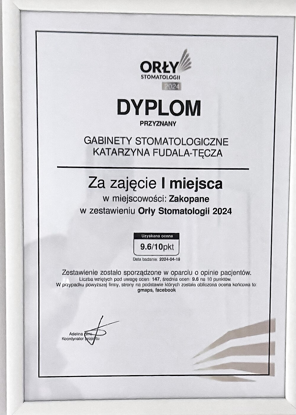 Dyplom Orły Stomatologii 2024 — I miejsce w Zakopanem